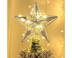 Juegoal Ster Tree Topper met 20 LED-verlichting, metaal zilver verlichte boomtopornamenten, batterij aangedreven lichtgevende kerstboomdecoraties, 16,5 x 16,5 cm