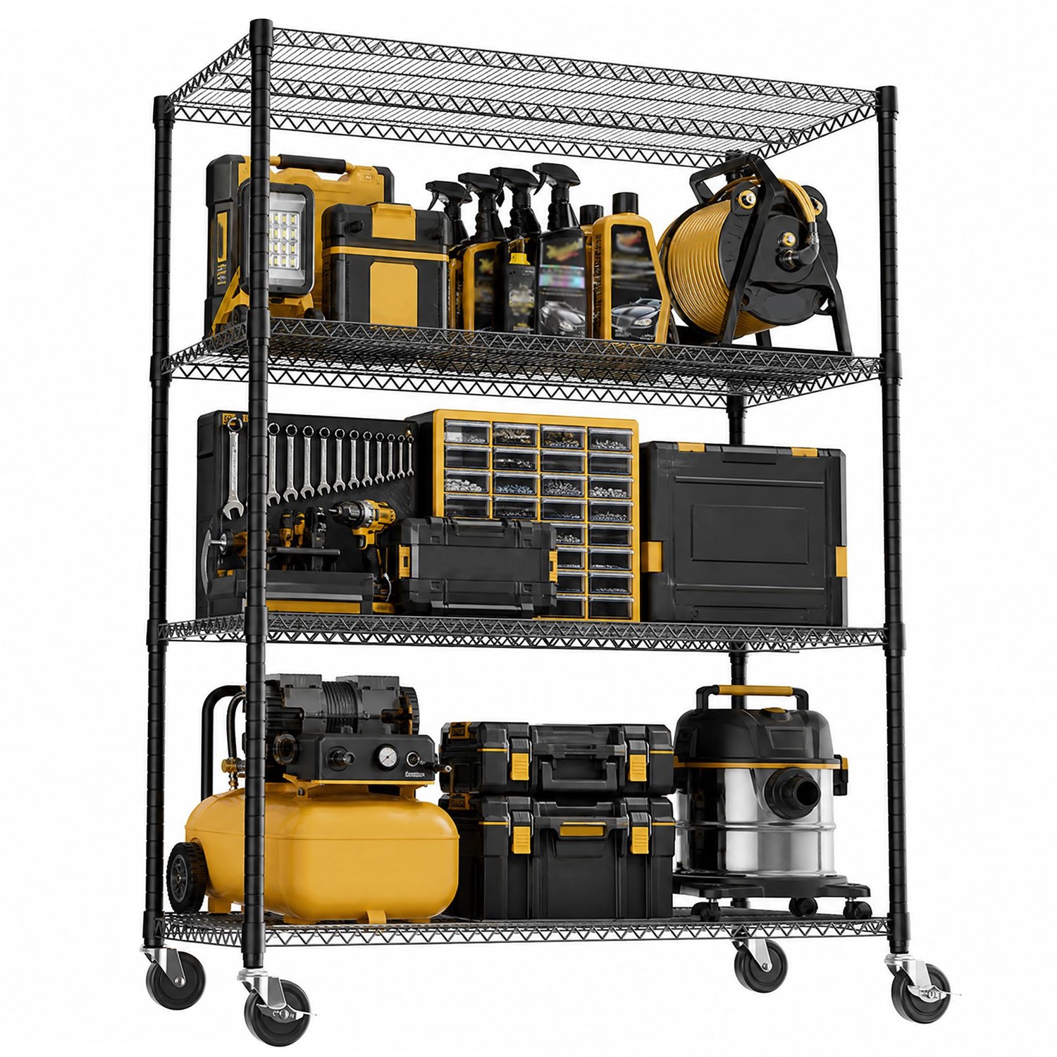 M MZG Heavy Duty Industriële Stellingkast op Wielen, 4-Laags Metalen Opslagrek met Verstelbare Planken, Voor Magazijn, Garage en Werkplaats, Draagverm