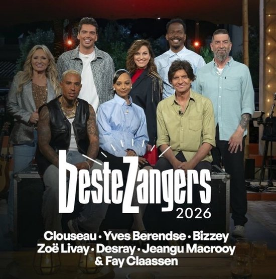 Groep artiesten voor Beste Zangers 2026, met namen zoals Clouseau en Bizzey, poserend in een sfeervolle setting.