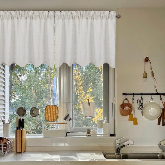Vitrage, linnenlook, set van 2, keukengordijnen met stangdoorvoer, korte gordijnen voor caravans, modern landhuis, semi-transparante lichtfilterende gordijnen (60 cm) — afbeelding 5