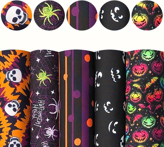 5 stuks Halloween patchwork stoffen 25 x 25 cm Halloween-patroon stof om te naaien, vet quarters stofbundel Halloween bedrukte stoffen per meter, quiltstof voor doe-het-zelf handwerk, — afbeelding 3
