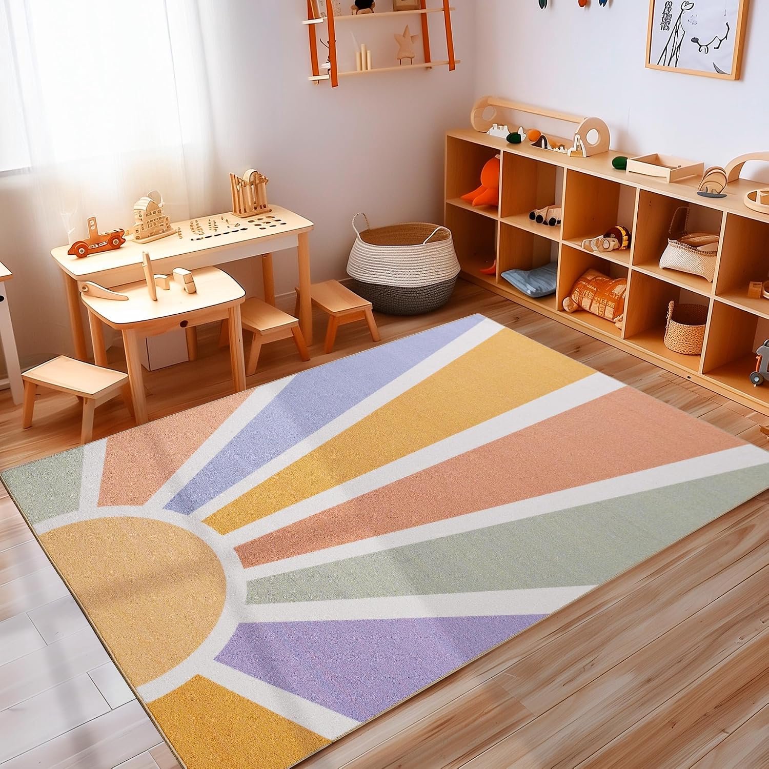 Tapijt voor kinderkamer in meerdere kleuren, voor meisjes en jongens, zachte en pluizige kindertapijt, wasbaar, speeltapijt, loper voor de gang, antislip tapijt met zonpatroon, 160 x 230 cm