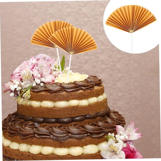 16 Stuks Delige Papieren Vouwwaaier Cake Toppers Gouden Decoratieve Taartprikkers voor Verjaardag Bruiloft Feestaccessoires voor Unieke Themafeesten — afbeelding 3