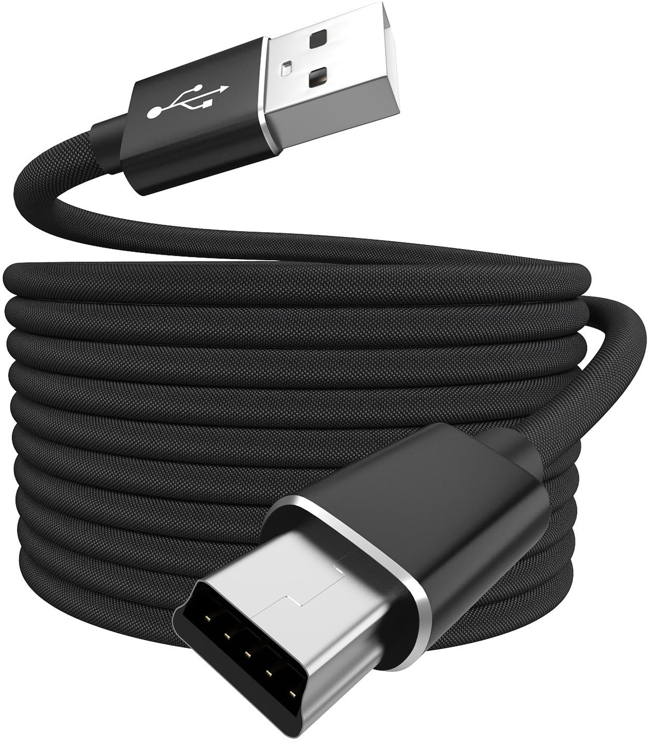 10FT Mini USB-kabel compatibel met Garmin GPS, Canon/Nikon-camera, PS3-controller, blauwe Yeti-microfoon, Texas Instruments Calculator, Gopro Hero, Dash Cam zwart gevlochten minikabel