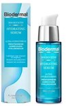 Biodermal Skin Booster Hydrating Serum: een flesje met pompdispenser, met blauwe en witte verpakking. Bevat Provitamine B5 & Drievoudig Hyaluronzuur.