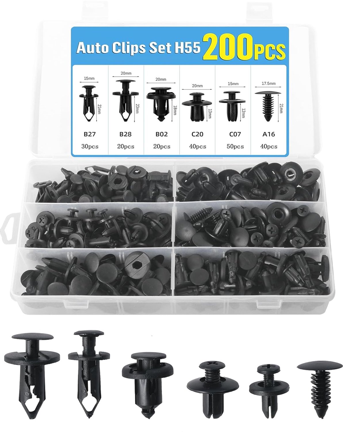 Bevestigingsclips voor auto, gereedschap, kunststof klinknagels en carrosserieklemmen, universeel, geschikt voor sierclips, carrosseriebouten, motordeksel, spatbordhouders (200 stuks)