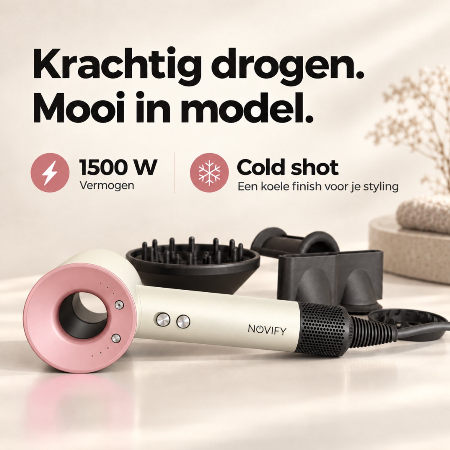 NOVIFY® Fohn - Fohnborstel - Haardroger met 5 opzetstukken - Fohn met Diffuser - 1500W - Rose Cream - 2025 thumbnail 5