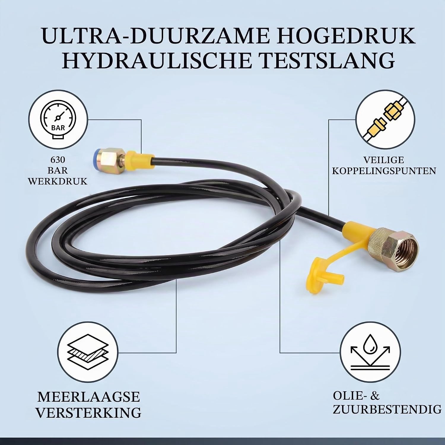 Hydraulische druktestslang 1,5 meter M16x2-1/4 BSP 630 Bar met drukmeter en koppeling voor testen