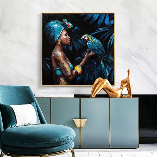 Vintage Afrikaanse Vrouw Papegaai Canvas Schilderen Prints Wall Art Abstracte Foto Voor Woonkamer Interieur Decoratie poster 70x70cm Frameless — afbeelding 5