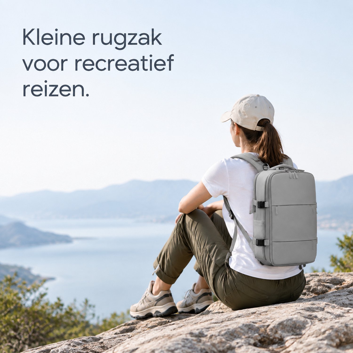 Rugzak - klein formaat - grijs, effen dessin - gebogen schouderbanden - voor recreatief reizen