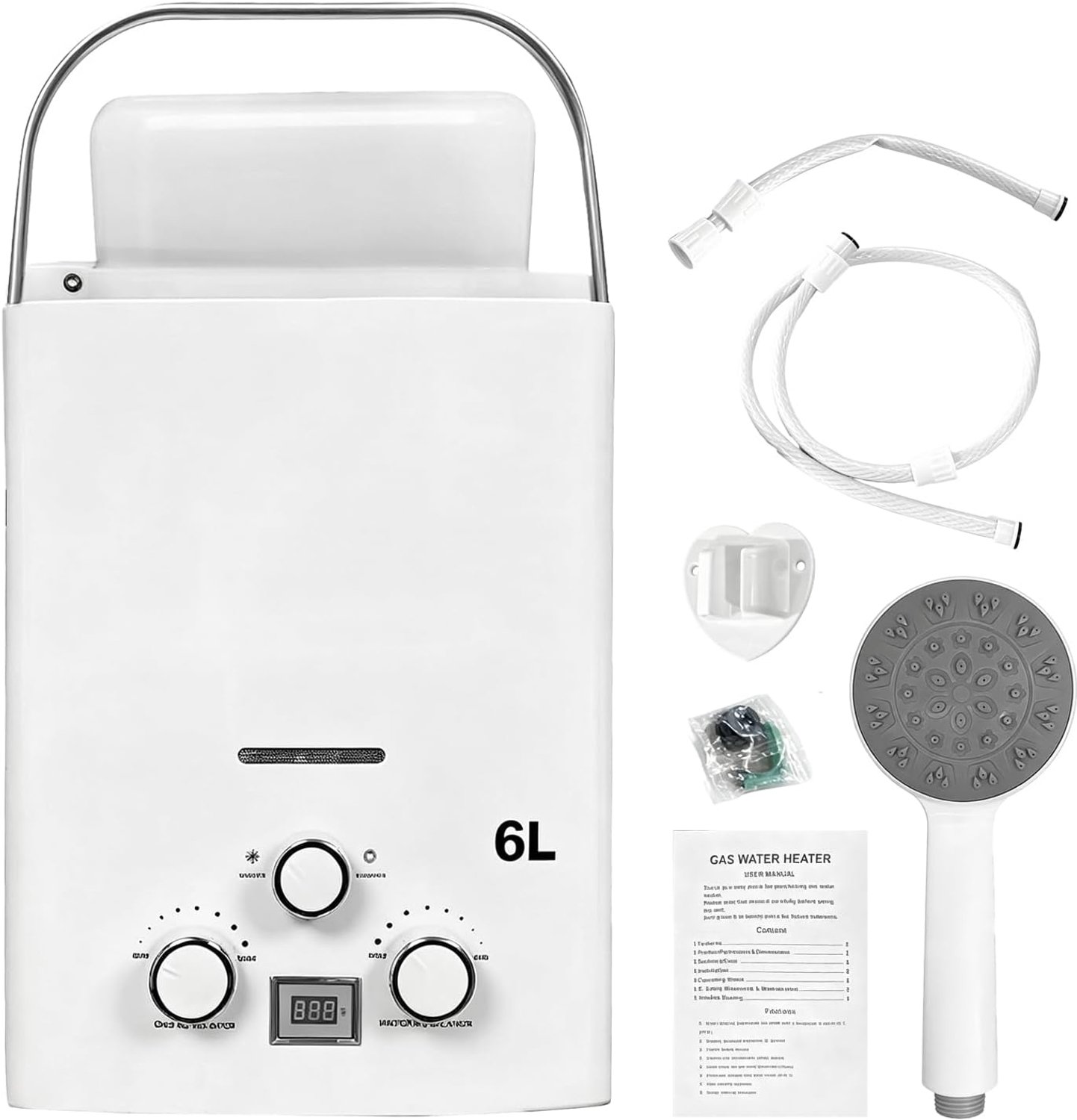 Doorstroomboiler, 6 l, 12 kW, gasboiler, draagbaar, camper, camping, mobiel warmwaterapparaat met handgreep en douchekop, voor buitendouche, tuin, camping, douche, caravan, 40 x 30 x 13 cm