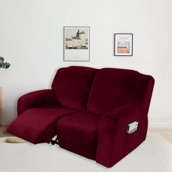 6 stuks Relaxfauteuil hoes Fluwelen Loveseat-hoezen Wasbare stretch-ligbank Zachte hoezen voor 2 kussens Relaxfauteuil Slipcover Meubelhoezen -wijn rood — afbeelding 2