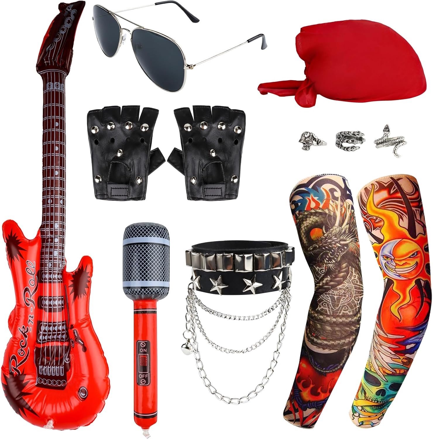 Punk Rockstar Kostuum Accessoires Set met Zonnebril, Handschoenen, Tattoo Mouwen en Opblaasbare Gitaar voor Carnaval, Feest en Halloween