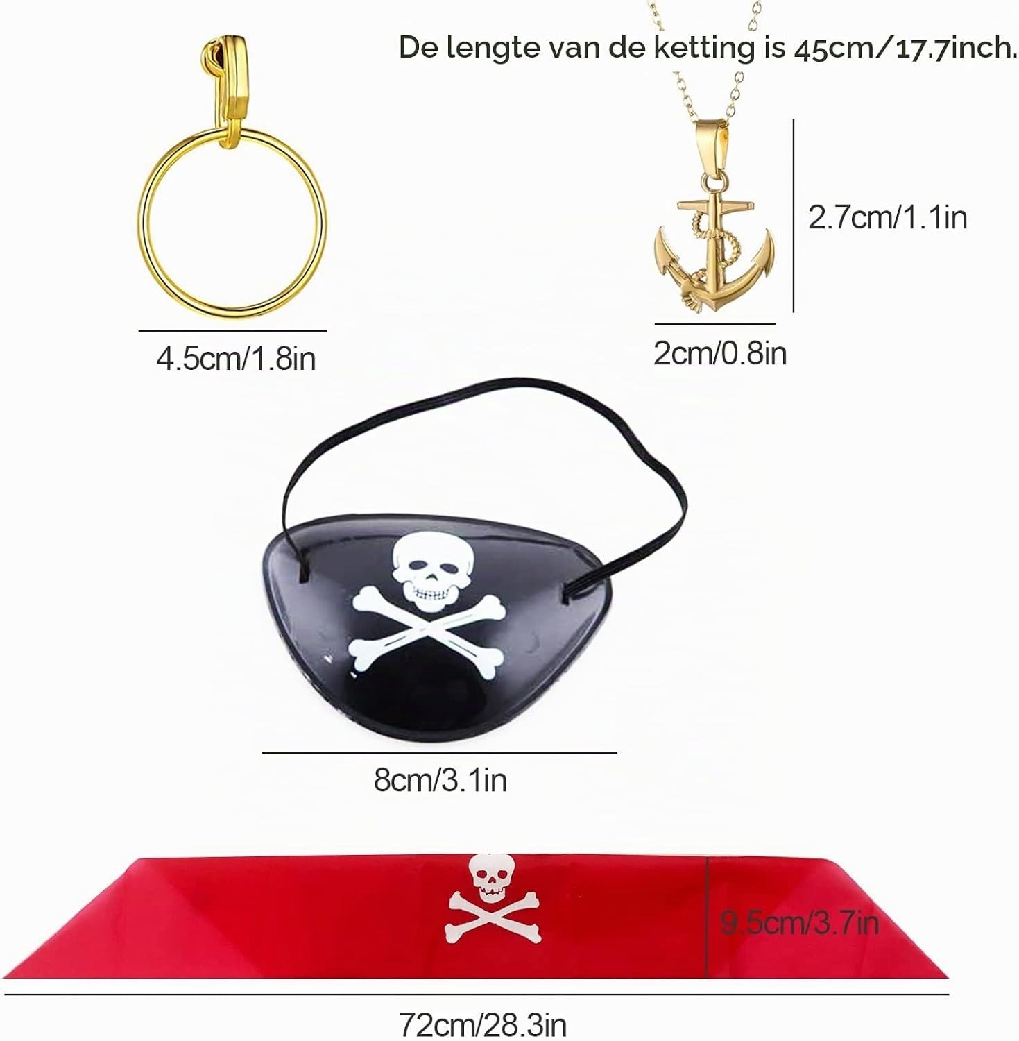 5-delig Piraten Kostuum Set - Ooglapjes, Hoepel Oorbellen, Hoofddoek en Vintage Ketting - Perfect voor Halloween en Piratenfeesten