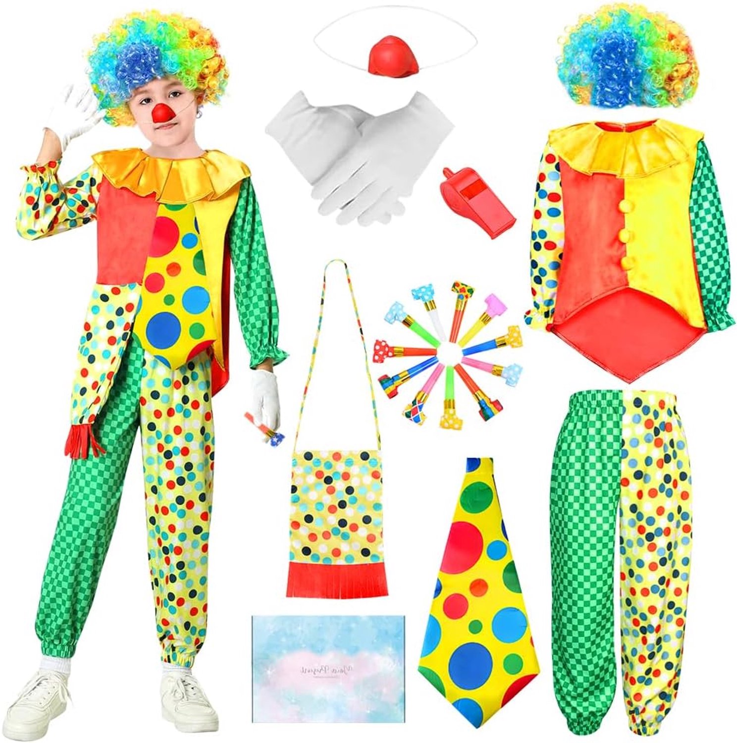 Clownkostuum voor kinderen, 10-delig, kostuum met accessoires voor carnaval