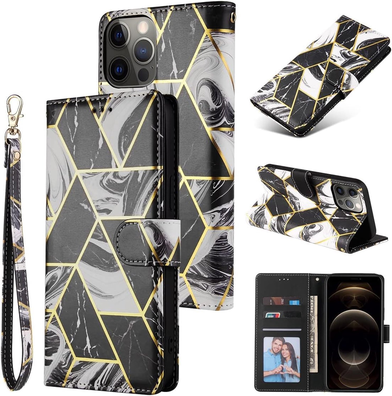Beschermhoes voor Samsung Galaxy A13 4G met riem en schokbestendige bescherming, elegant, zwart, grijs en goud, marmereffect