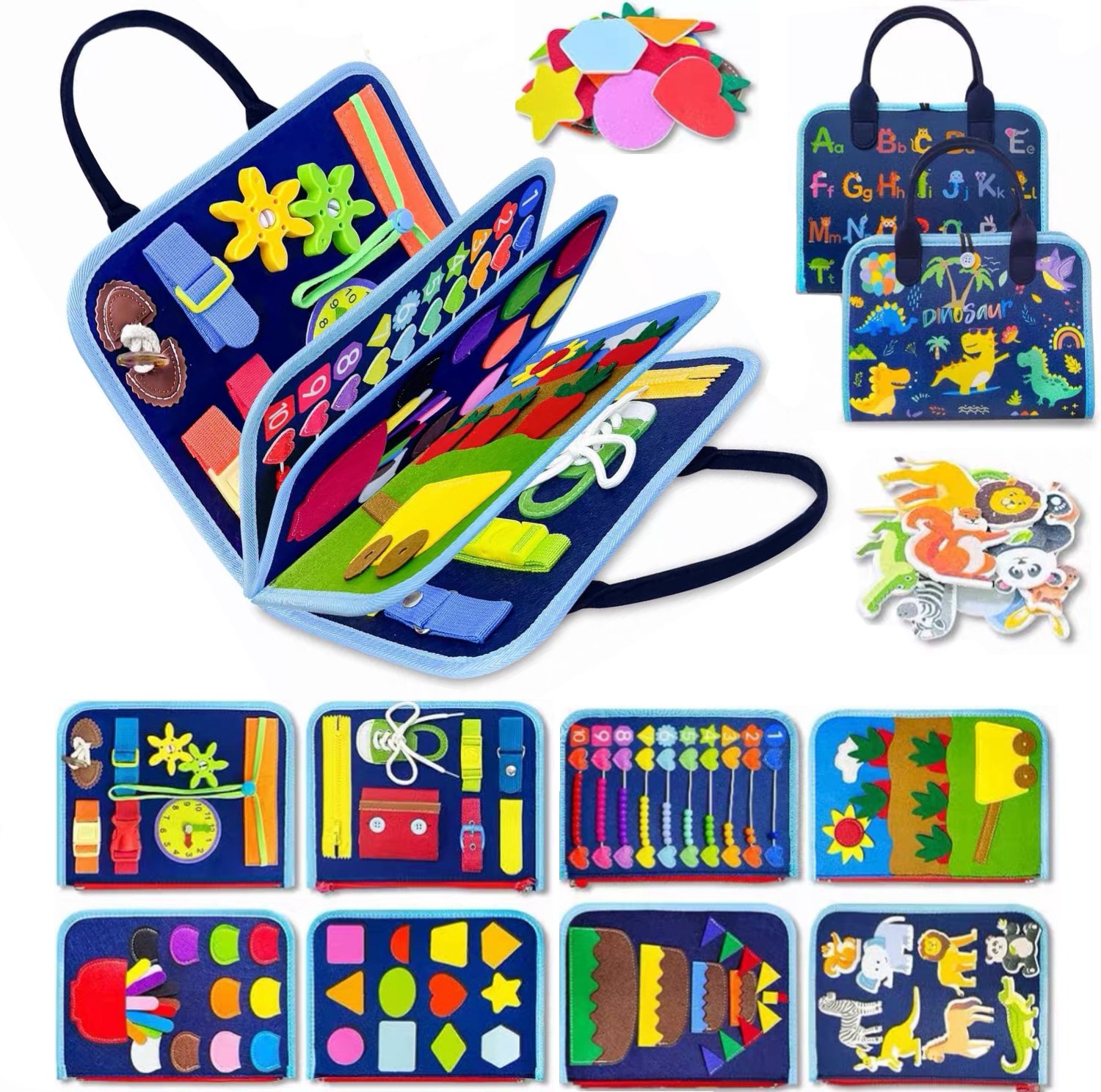 Busy Board voor Peuters – 8 Pagina's Montessori Activiteitenboek met Veters, Knopen & Cijfers – Sensorisch Motoriek Speelgoed voor Peuters – Reisspeelgoed voor Thuis en Onderweg – Cadeau voor Jongens en Meisjes – Blauw