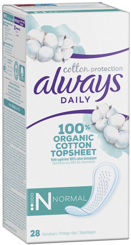 Always Daily Cotton Protection inlegkruisjes, 28 stuks. Met 100% biologische katoen toplaag. Verpakking met katoenbloemen en paarse en groene lijnen.