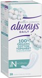 Always Daily Cotton Protection inlegkruisjes, 28 stuks. Met 100% biologische katoen toplaag. Verpakking met katoenbloemen en paarse en groene lijnen.