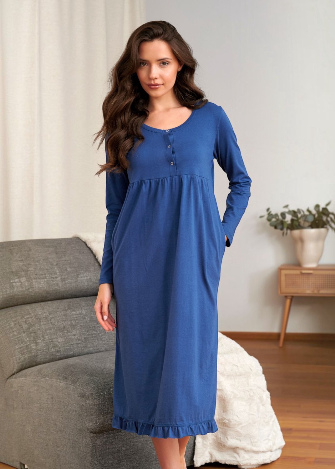 Doctor Nap Katoenen Nachthemd Dames Borstvoeding Zwangerschap Indigo Blue TCB.7318 Donkerblauw