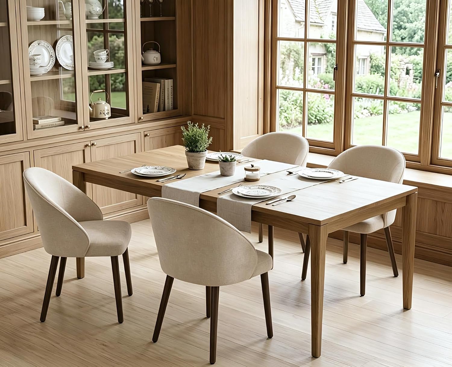 Moderne eetkamerstoelen, set van 4 brede gewatteerde chenille-fauteuils met rugleuning en houten poten, keukenstoelen voor eetkamer, slaapkamer, woonkamer, beige