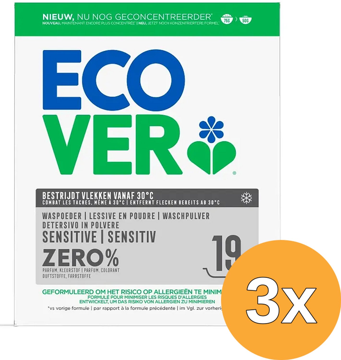 3x Ecover Waspoeder Sensitive Zero% (950 gr)