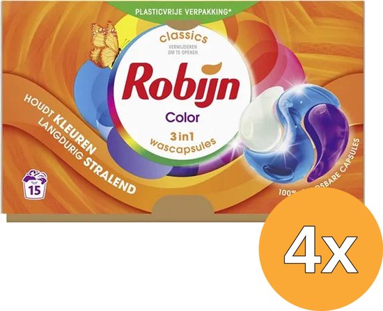 Capsules de lavage Robijn Color 3 en 1, 15 pièces, emballage sans plastique, avec papillon et cercle coloré.