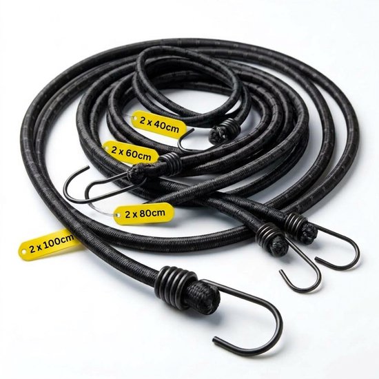 Zwarte elastische banden in diverse lengtes: 2x 100cm, 2x 80cm, 2x 60cm en 2x 40cm, met haken.