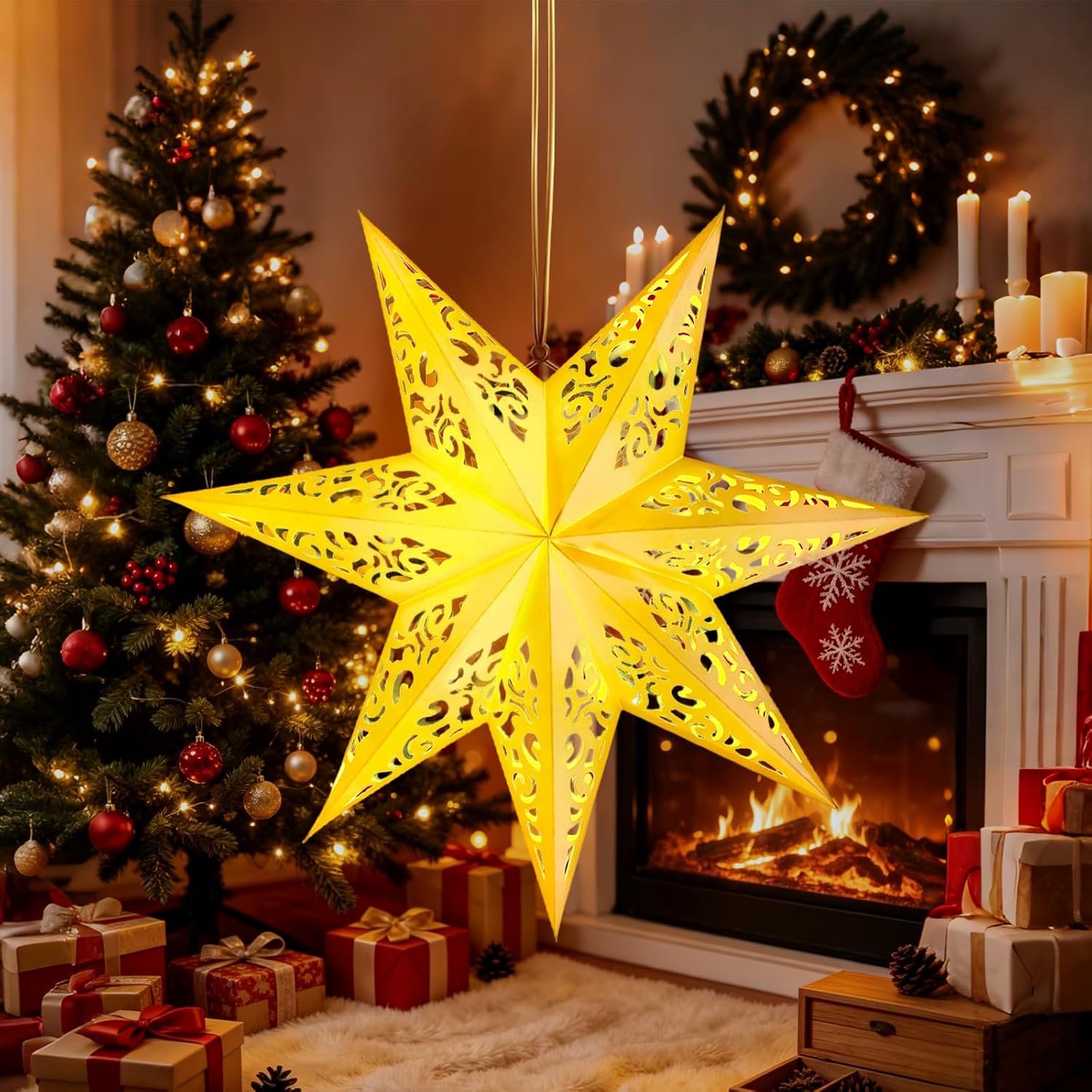 Papieren kerstster 45 cm - verlichte vouwster - met led-lichtsnoer - sfeervolle decoratie voor binnen en buiten - ShopVlot