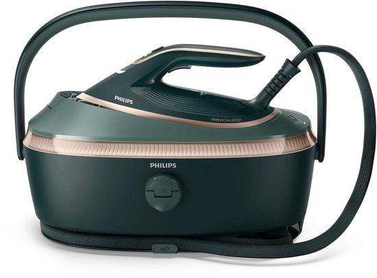 Philips PerfectCare 8000 stoomgenerator in donkergroen met goudkleurige accenten en een zwarte handgreep. De stoomslang is zwart.
