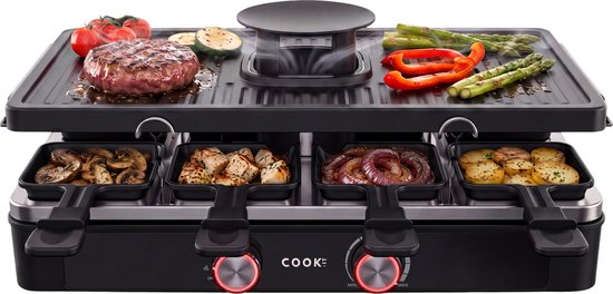 Zwarte gourmetset met grillplaat met hamburger, groenten en 4 pannetjes met eten. De set heeft rode knoppen en het 'COOK-IT' logo.