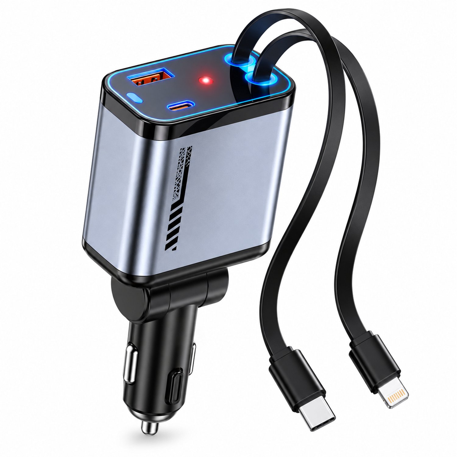 DrPhone CarCharge – 120W Autolader met 4 Laaduitgangen, Intrekbare USB-C + Lightning Kabel, 180° Verstelbaar en Sterrenlichtprojector