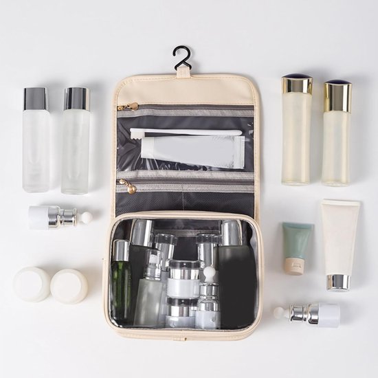 Lyrlody Toilettas, PU Lederen Reistoilettas met Handvat, Grote Capaciteit Waterdichte Make-up Organizer met Meerdere Compartimenten 24 X 40 X 20 Cm voor Zakenreizen (Beige) — afbeelding 2