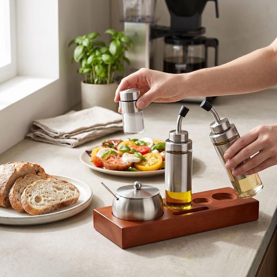 lyrlody Kruidenfles Roestvrijstalen Set, 304 Roestvrijstalen Kruidendispenser met Eikenhouten Basis, Luchtdichte Opslag, Gemakkelijk Schoon Te Maken, 31 X 10 X 4 Cm voor Keukeneettafel — afbeelding 2