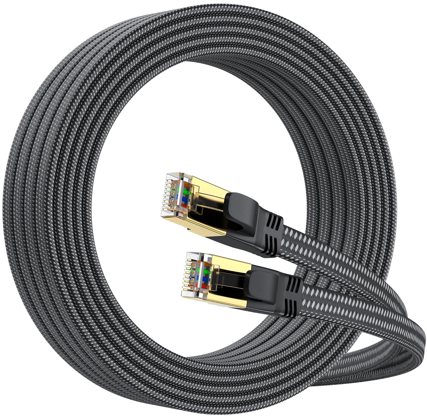 CAT8 Ethernet-kabel, 15 m, 40 Gbps, 2000 MHz, platte high-speed netwerkkabel, nylon gevlochten afgeschermd, LAN-kabel, RJ45, voor binnen, compatibel met PS5/Xbox/router/pc, switch, modem, smart tv