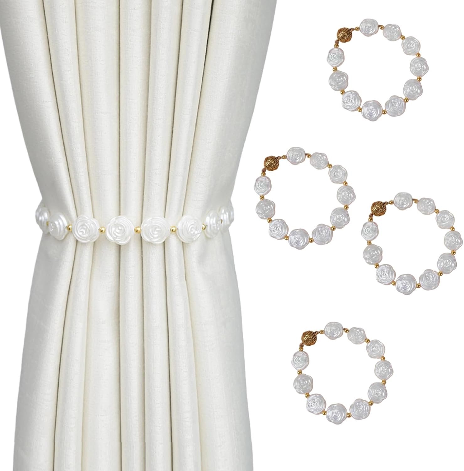 Sterke Magnetische Gordijn Tiebacks set van 4 Gordijnclips Boren Niet Nodig Parelketting In De Vorm van Een Roos Met Magnetische Sluiting Roos 24cm