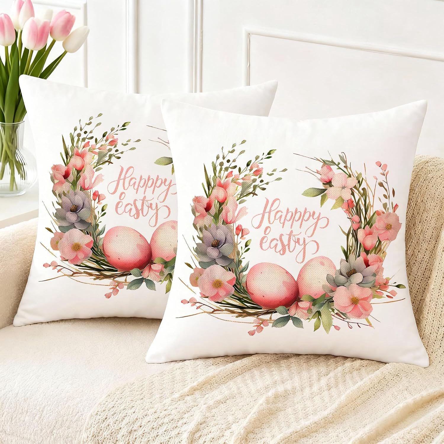Kussenovertrek voor Pasen, bloemen, paasdecoratie, linnen, modern, lente, seizoensgebonden sierkussenhoes voor bank, slaapkamer, woonkamer, balkon