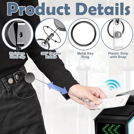 Duurzame metalen retractable badge reel voor ID-kaarthouder, sleutelhanger met roestvrijstalen veer en 70 cm nylon koord met stevige clip — afbeelding 2