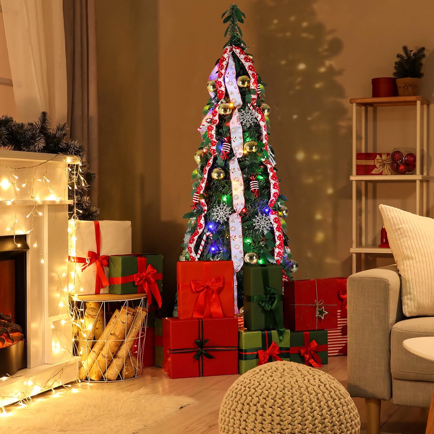 180cm Kunstkerstboom,Pop-up Kerstboom met 150 stuks ledlampen, 11 verlichtingsmodi