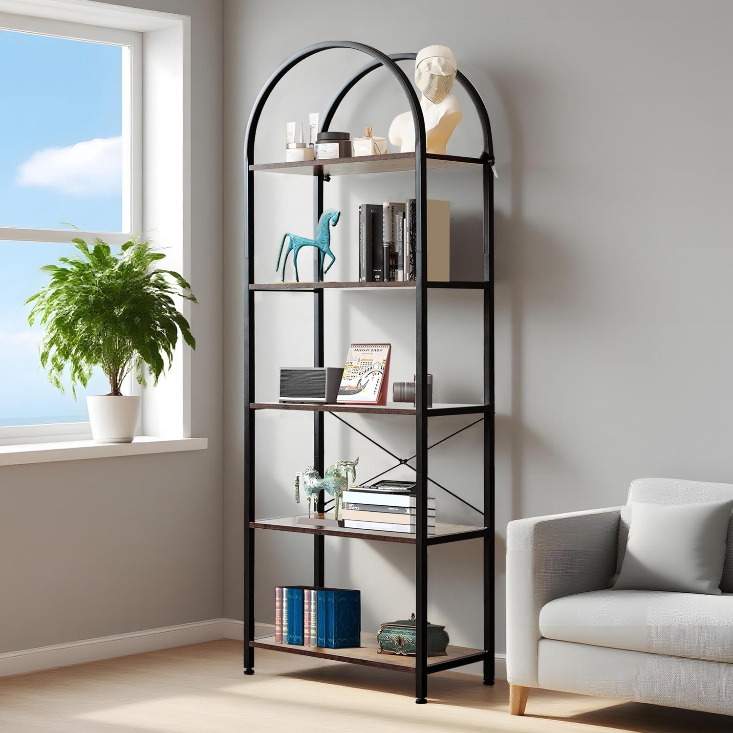 Boekenkast Gebogen 4 Planken Metalen Frame - Modern Design voor Kantoor Woonkamer of Slaapkamer - Zwart Bruin