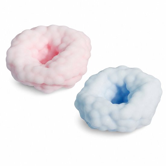 Twee squishy's in donutvorm, één roze en één lichtblauw, op witte achtergrond.