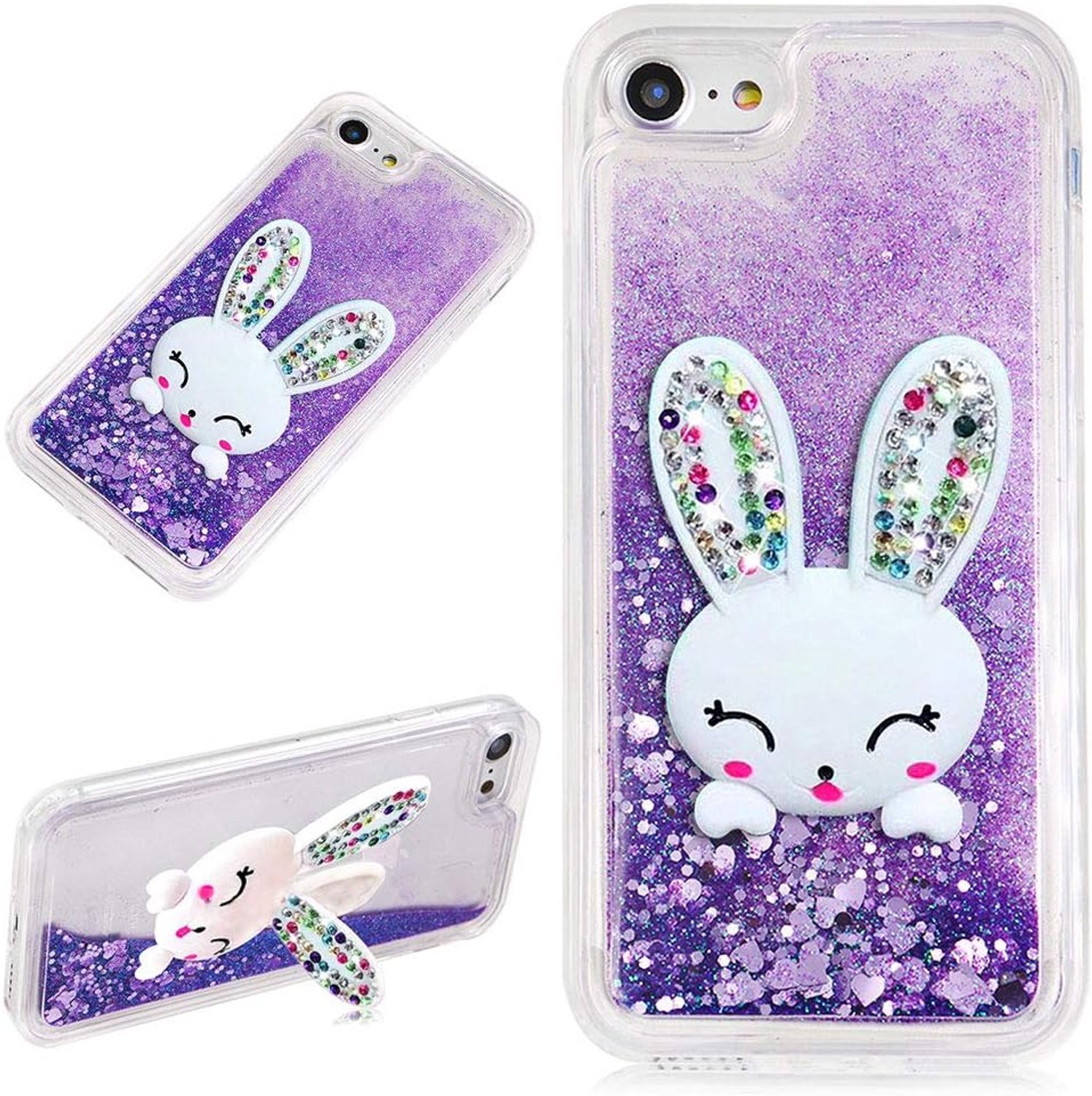 Beschermhoes voor Samsung Galaxy S7 Edge, konijnenoor, met vloeistof, pailletten, violet, glanzend, drijvend, drijfzand, bling, schattig, 3D, haas, met standaard, kristal, siliconen beschermhoes