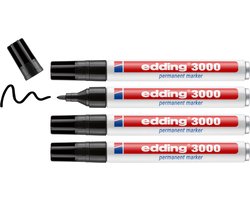 edding 3000 permanent marker - zwart - 4 stiften - ronde punt 1,5-3 mm - water en wrijfvast - voor karton, kunststof, hout, metaal, etc. - alcohol markers voor volwassenen