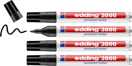 Vier zwarte Edding 3000 permanente markers met rode en blauwe accenten en ronde punt.