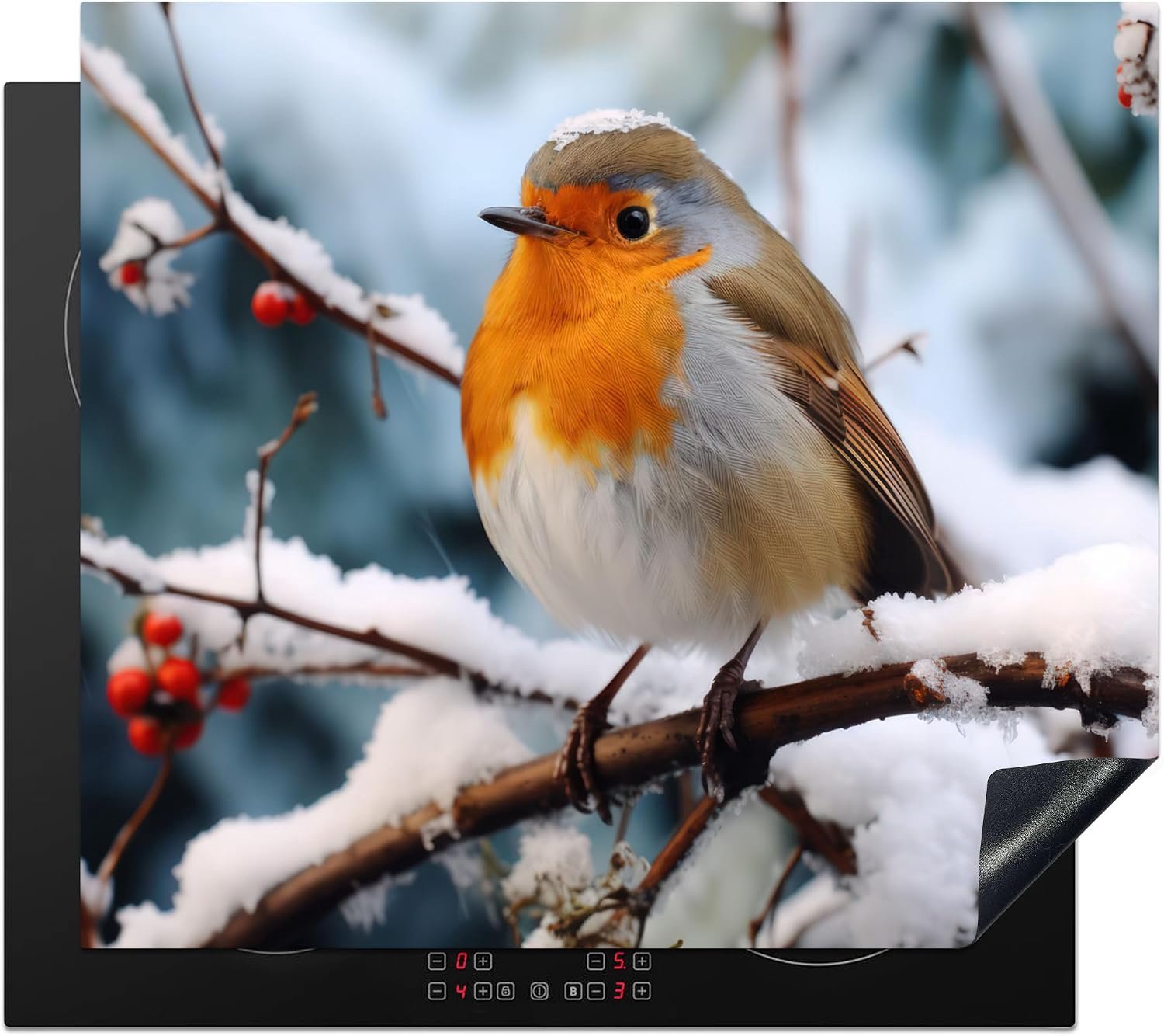 KitchenYeah© Inductie Beschermer 59x51 cm Keuken Decoratie Kookplaat Beschermer voor Inductiekookplaat Afdekplaat Anti Slip Mat - Roodborstje - Winter - Sneeuw - Vogel - Natuur