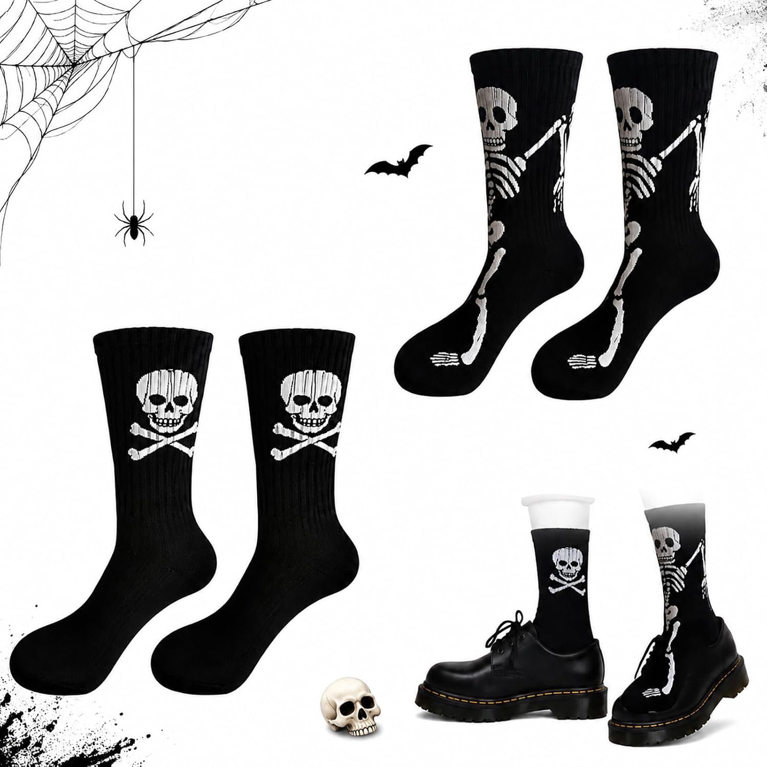 2 paar grappige Halloween-sokken – bot en vleermuisdesign, comfortabel, wasbaar, veelzijdig – ideaal voor schoolfeesten, fotoaccessoires of als klein Halloween-cadeau