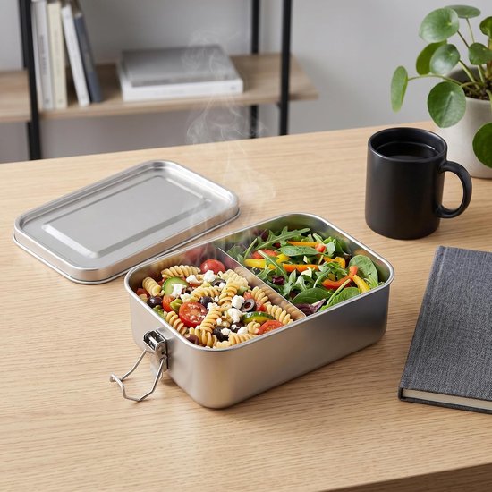 2 stuks roestvrijstalen broodtrommel met vakken, 850 ml en 1400 ml, lunchbox, metaal, lekvrij, broodtrommel met beweegbare scheidingswand, roestvrijstalen broodtrommel voor werk, picknick — afbeelding 3