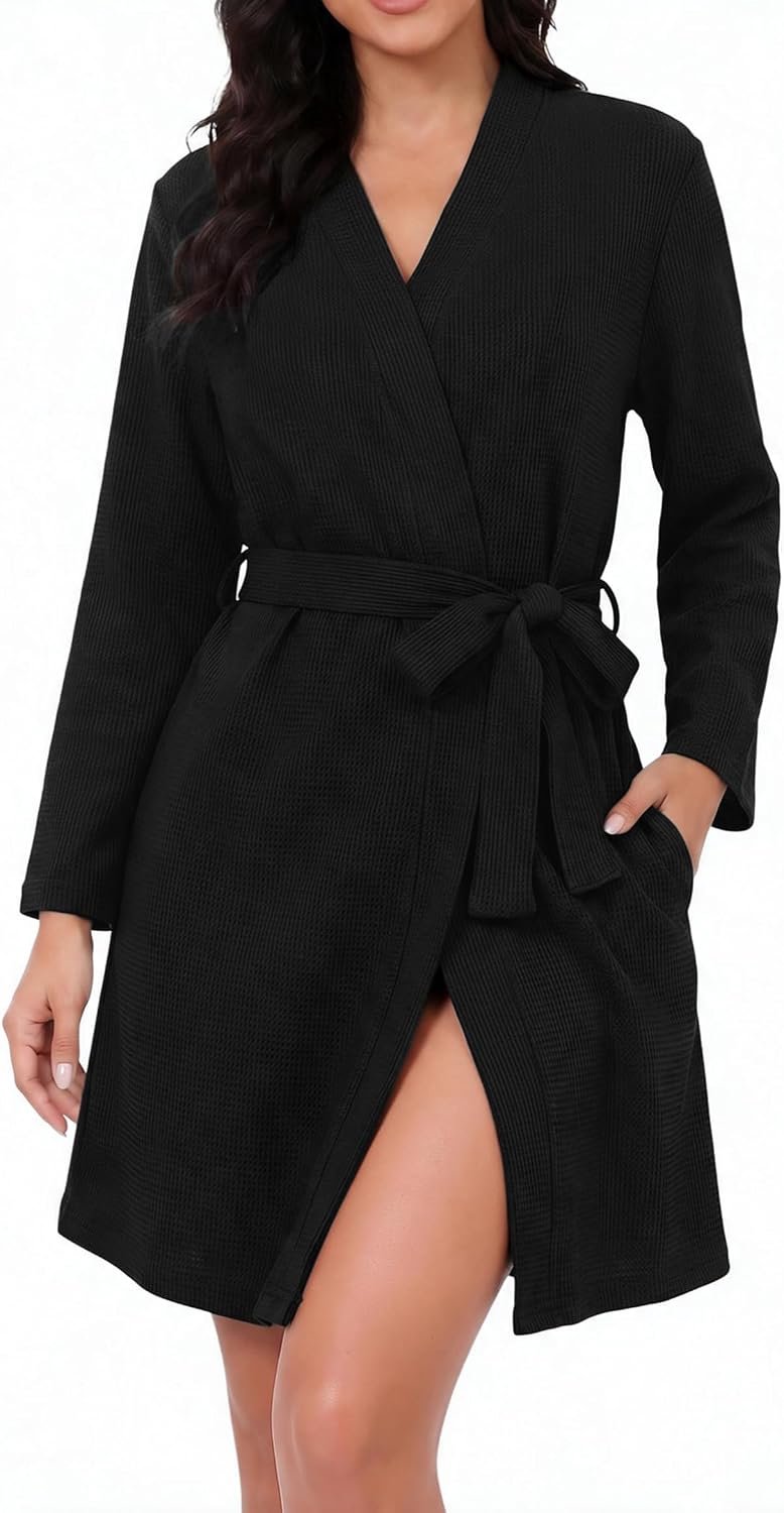 Badjas voor dames, lange mouwen, wafelriem