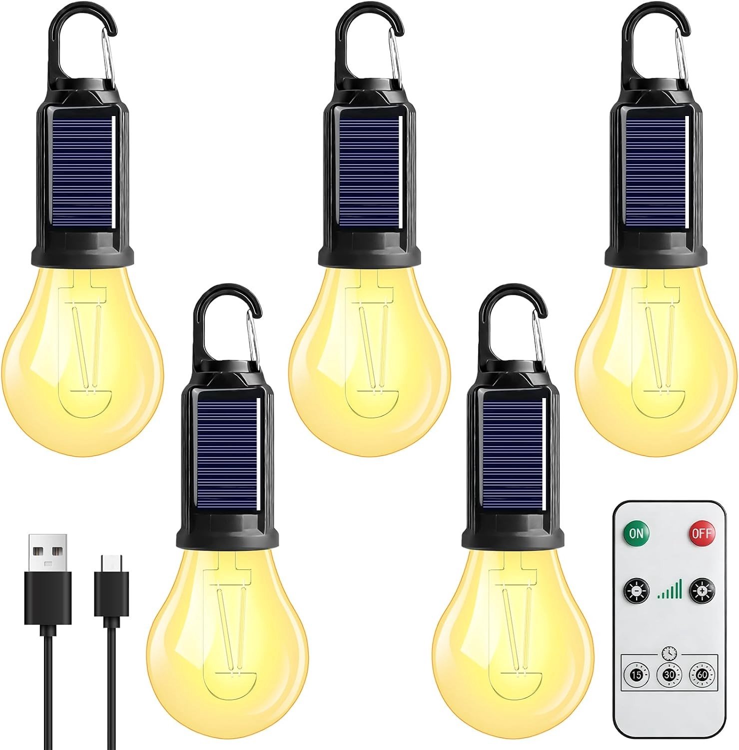 Oplaadbare LED Solar Campinglamp Set met 5 Stuks - Ideaal voor Tent, Wandelen en Buitenactiviteiten