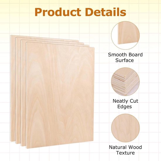 10 Pcs Plywood Sheets, A4 Basswood Sheets, Unfinished Thin Wood Boards for Crafts, DIY Engraving, Laser Projects, Model Making, Wood Burning and Decoration, 300 x 220 x 4 mm — afbeelding 5